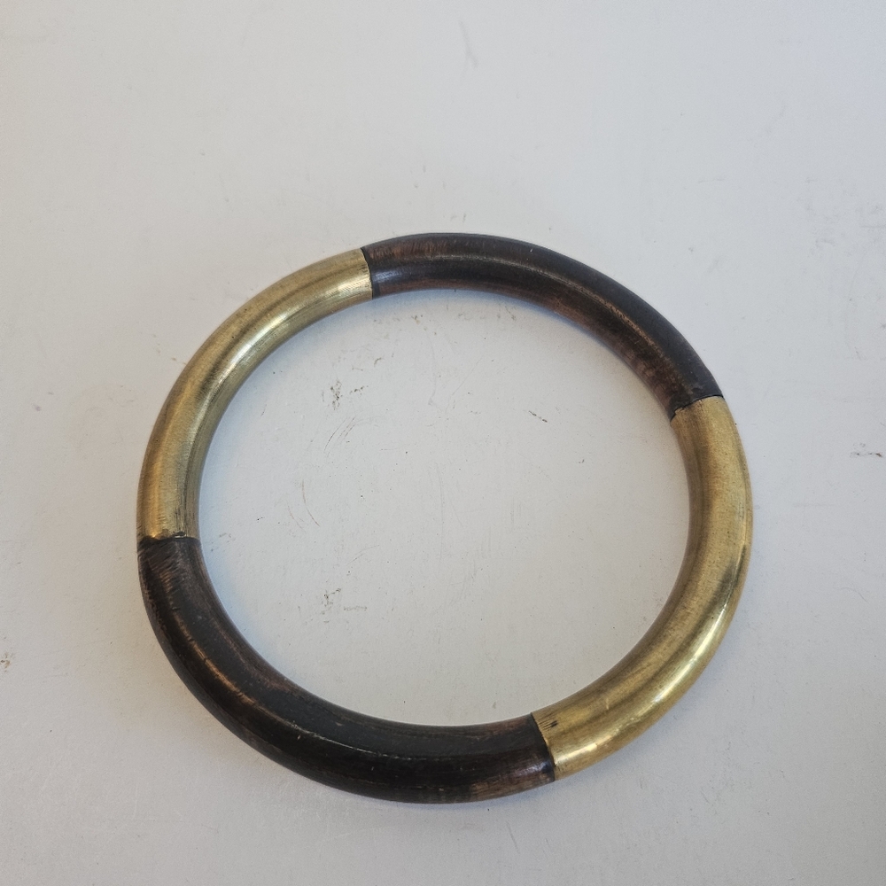 Vintage Brass and Carved Wood Bangle Bracelet